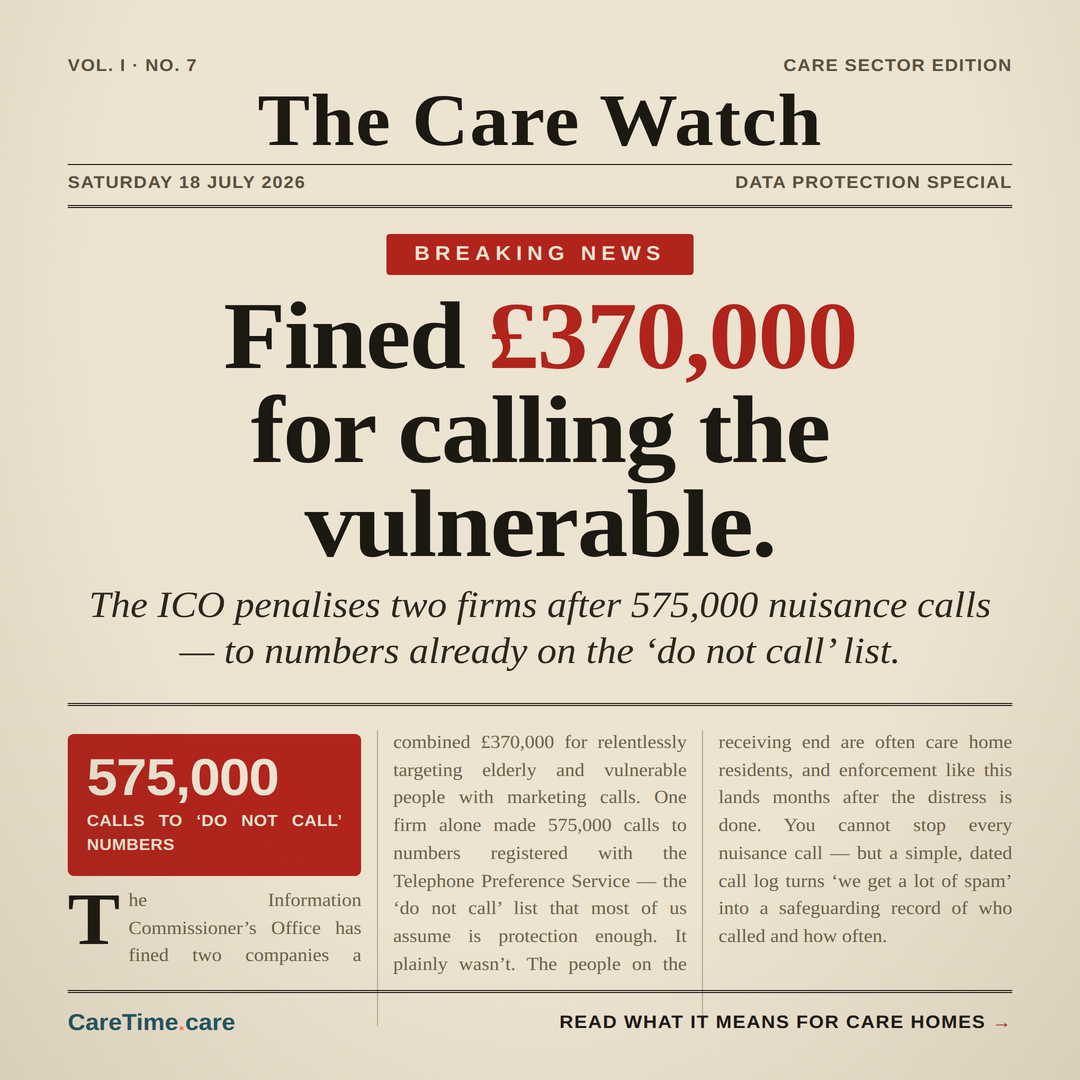 Newspaper-style graphic, The Care Watch: ICO fines £370,000 for nuisance calls targeting elderly and vulnerable people